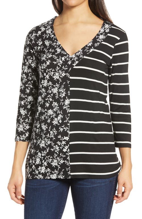 Shop Loveappella Floral Stripe Top In Black/ivory