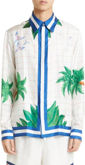 Casablanca Print Cuban Collar Silk Button-Up Shirt | Nordstrom