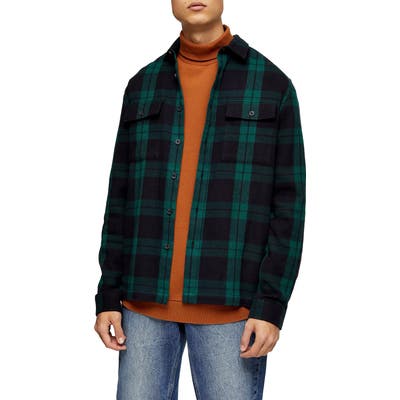 Topman Plaid Button-Up Flannel Shirt Jacket, Green