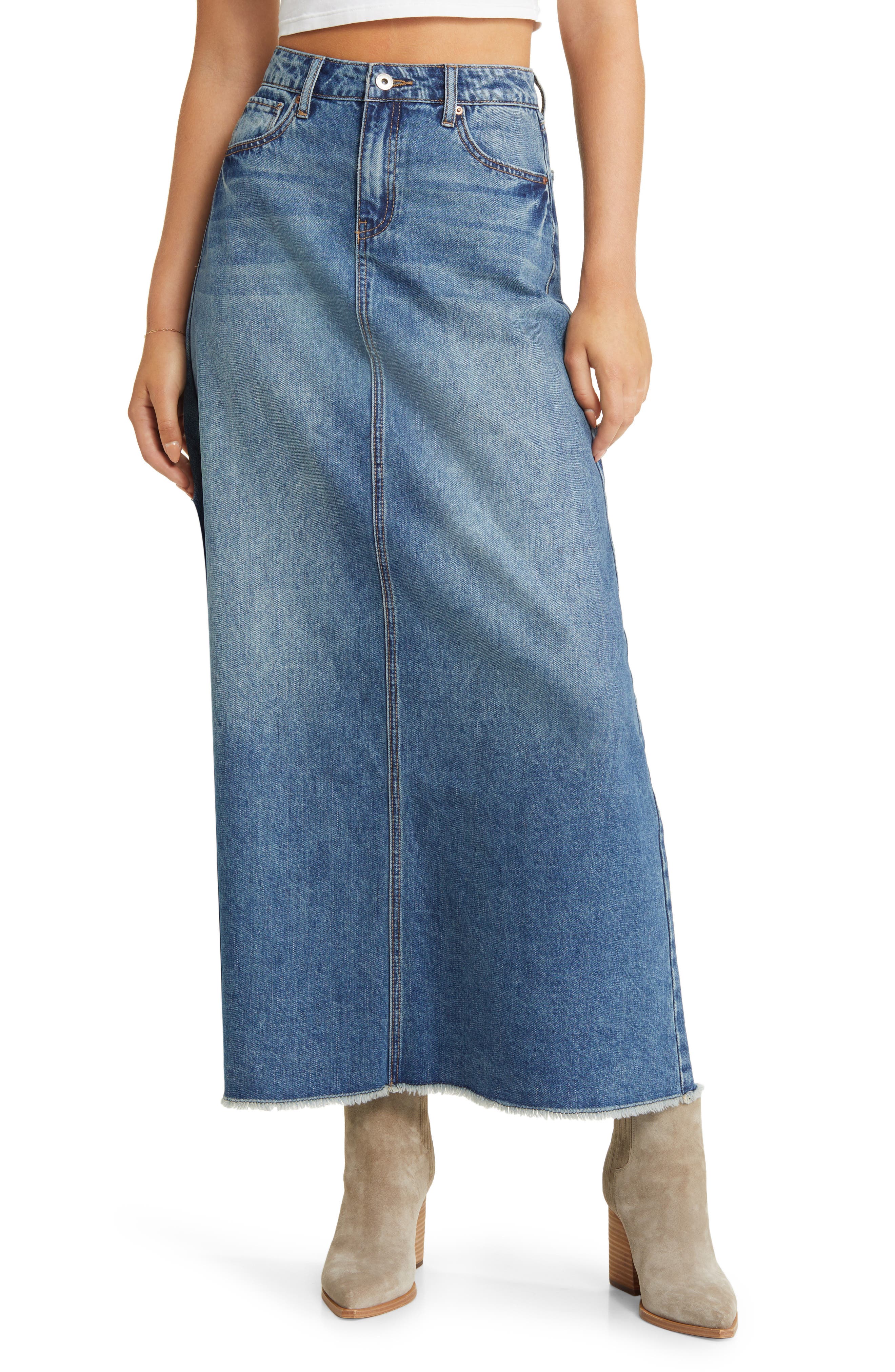 Prosperity Denim Frayed Hem Denim Maxi Skirt Nordstrom