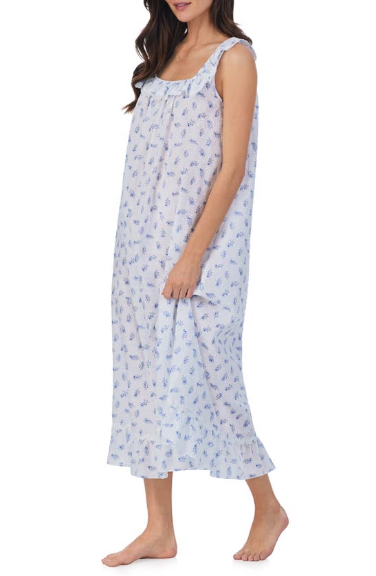 Shop Eileen West Ruffle Sleeveless Swiss Dot Nightgown In White/blue Floral