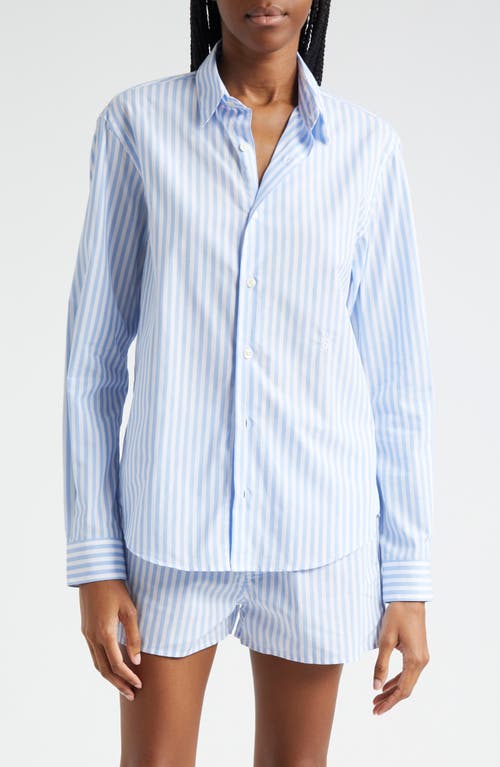 Stripe Cotton Button-Up Shirt in White/Sky Blue Large Stripe