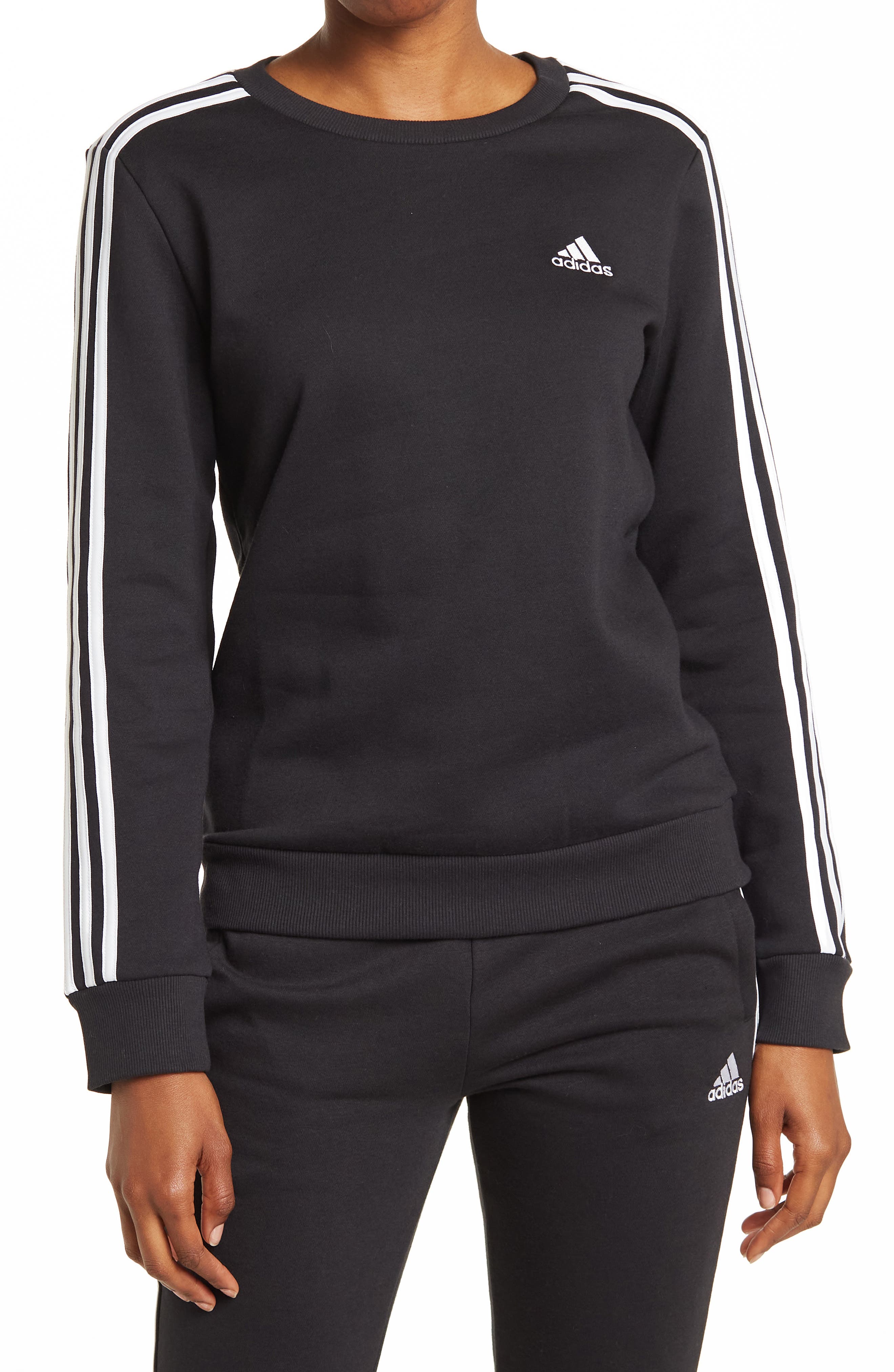 adidas ess stripe fleece womens crew neck long sleeve sweatshirt