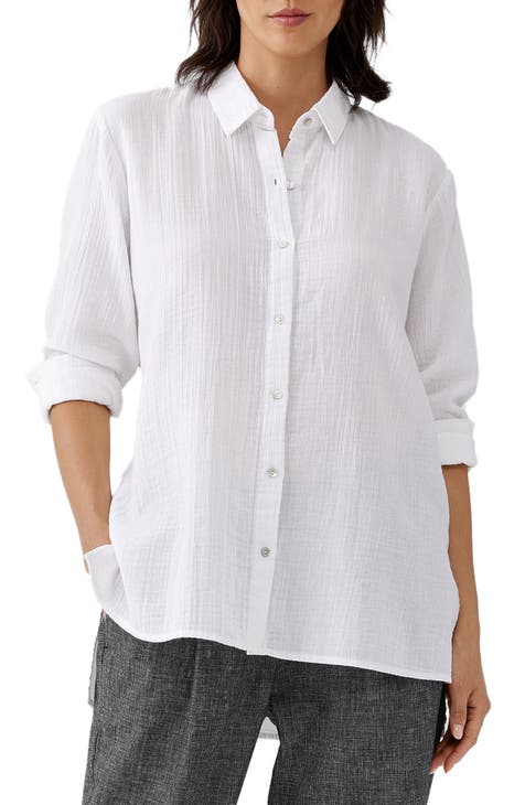 Buy Lucky Brand women band neck long sleeves crochet linen blend button up  shirt white Online