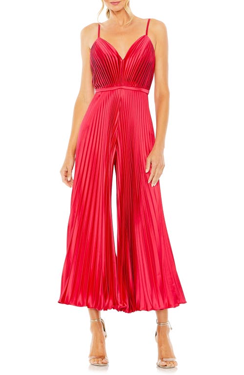 Pleated Satin Wide Leg Crop Jumpsuit in Cranberry