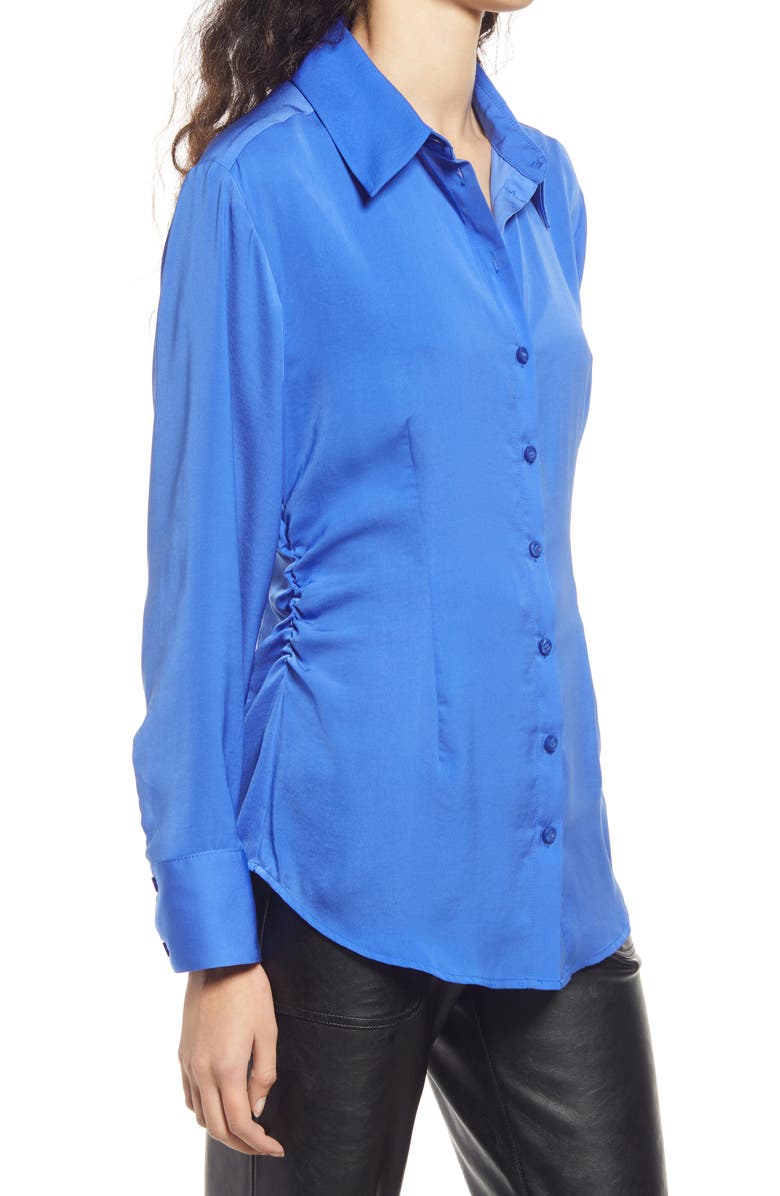 OPEN EDIT Gathered Button-Up Shirt, Main, color, BLUE DAZZLE