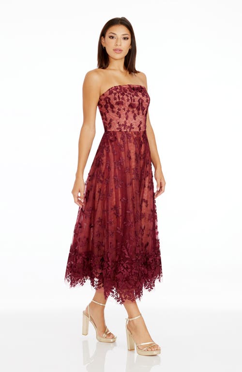 Shop Dress The Population Kailyn Floral Appliqué Strapless Midi Dress In Burgundy-beige