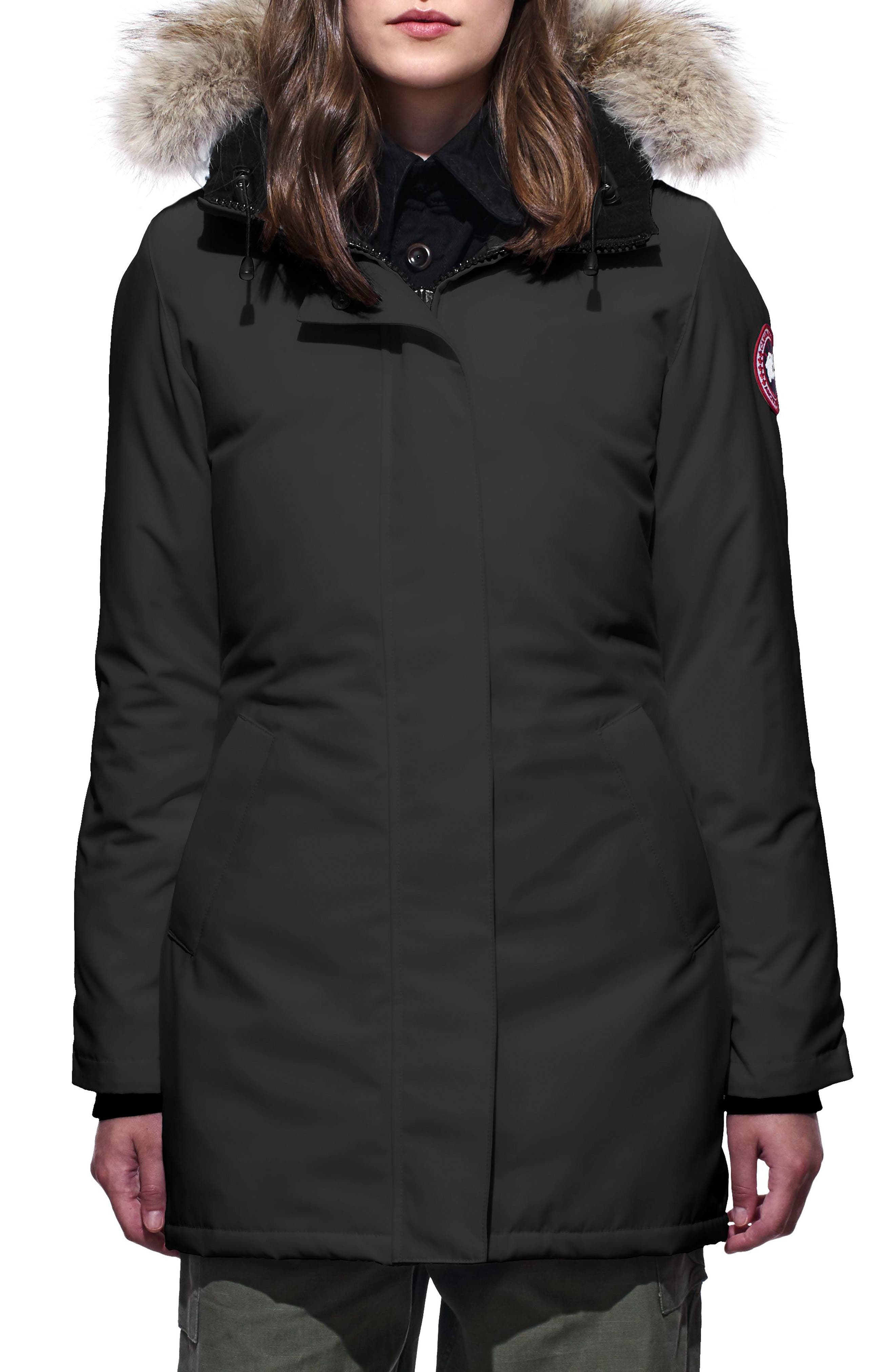 Petite Canada Goose Victoria Fusion Fit Down Parka With Genuine Coyote Fur Trim, P (000-00P) - Black
