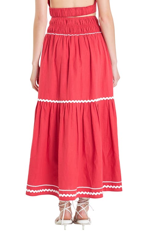 English Factory Rickrack Linen Blend Maxi Skirt In Red