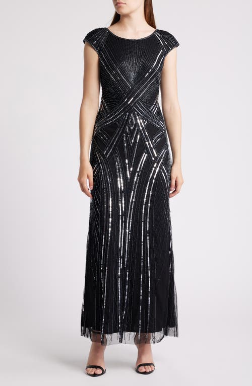 Shop Pisarro Nights Embellished Cap Sleeve Gown In Black