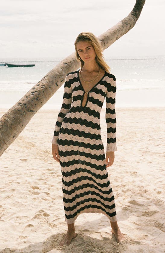 Shop Capittana Ella Stripe Long Sleeve Knit Cover-up Dress In Neutral