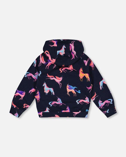 Shop Deux Par Deux Girl's Hooded Sweatshirt Navy Printed Unicorn In Printed Unicorns