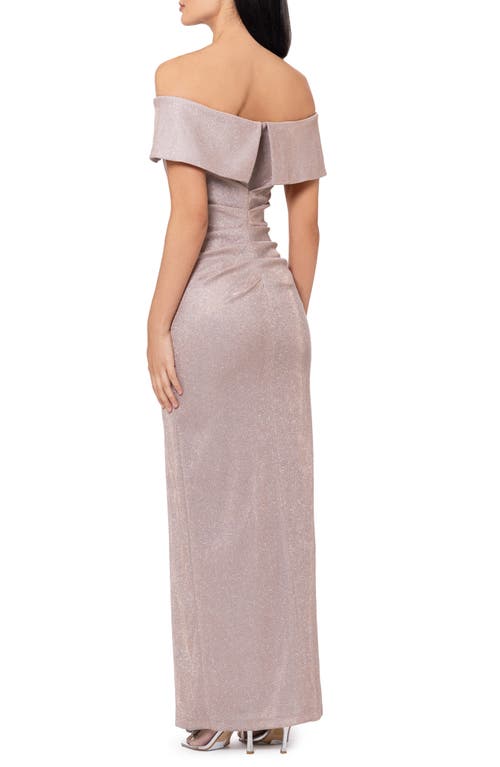 Xscape Evenings Metallic Ruffle Off The Shoulder Sheath Gown In Blush/silver