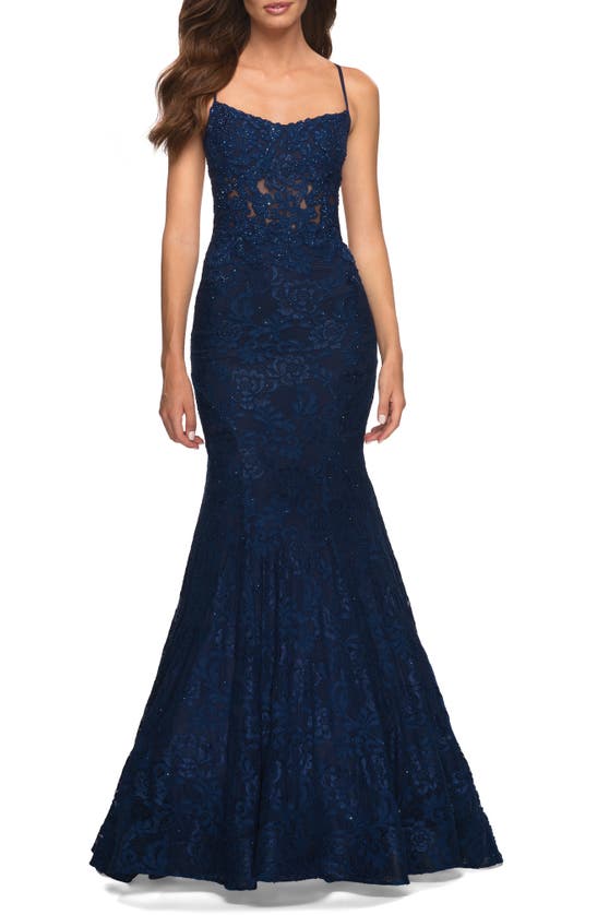 La Femme Sheer Bodice And Open Back Mermaid Lace Gown In Blue