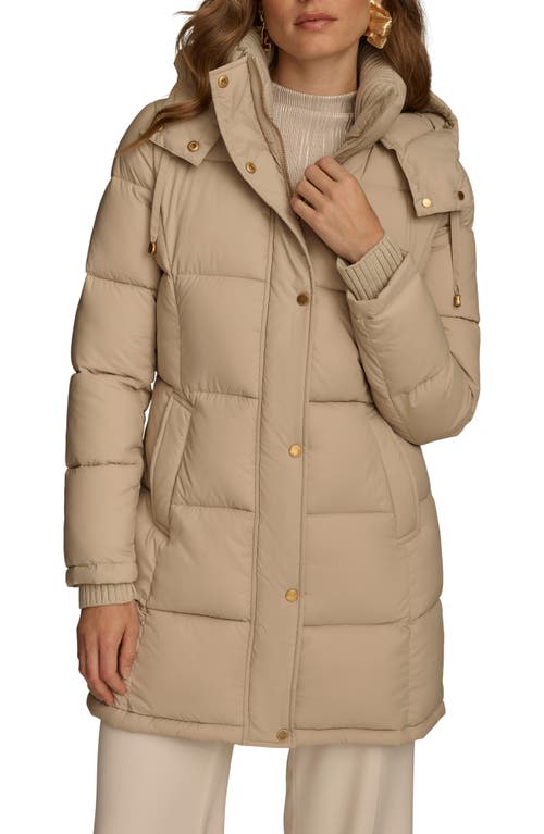 Donna Karan New York Hooded Ribbed Trim Puffer Jacket in Dark Taupe 