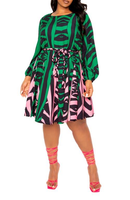 BUXOM COUTURE Bishop Sleeve Belted Fit & Flare Dress Green Print at Nordstrom, X