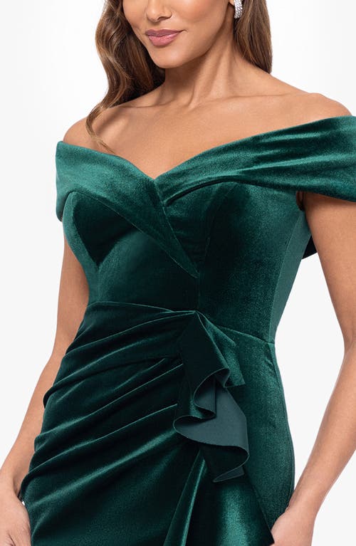 Xscape Evenings Ruffle Off The Shoulder Stretch Velvet Gown In Hunter