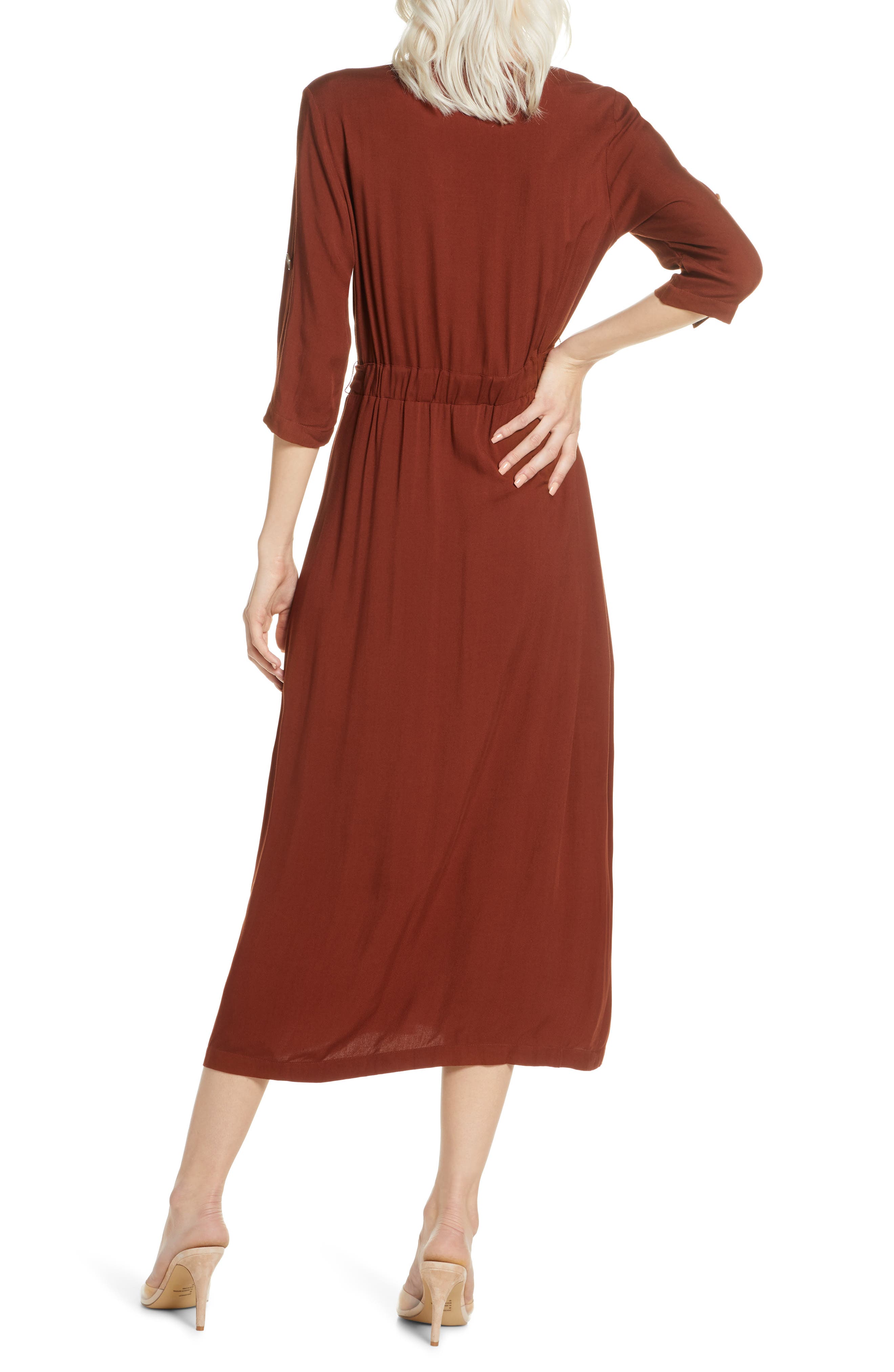 asymmetrical button front midi dress