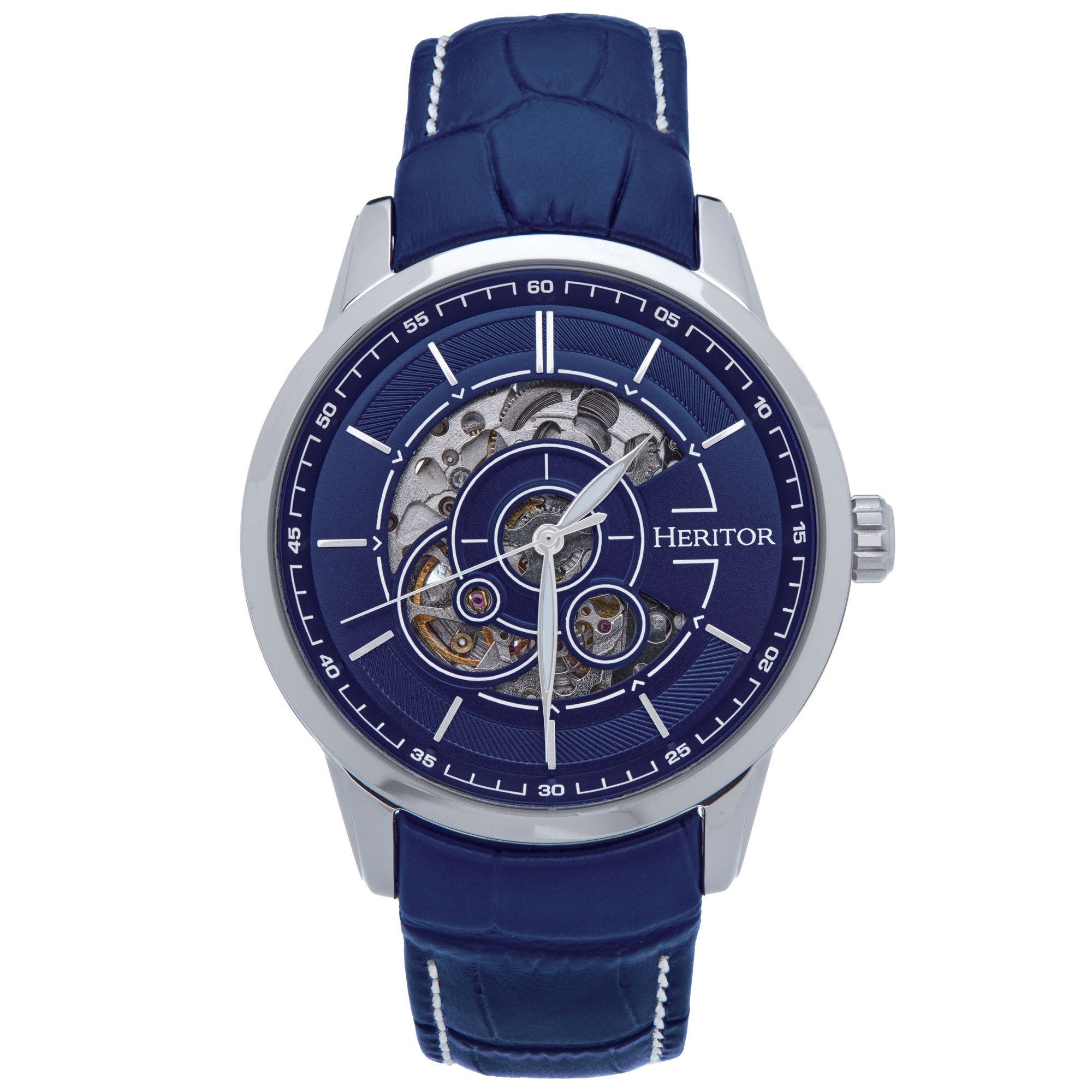 Heritor Automatic Davies Semi-Skeleton Leather-Band Watch in Silver/navy Cover