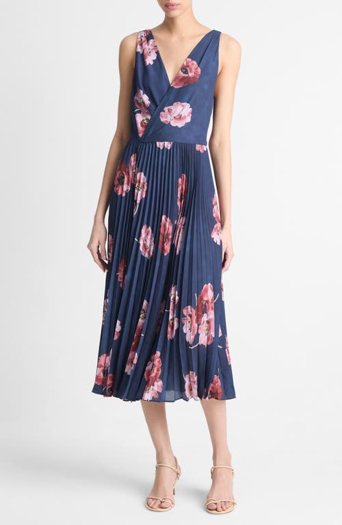 VINCE VINCE PAINTED POPPY PLEATED MIDI DRESS 