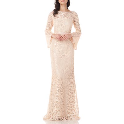 Carmen Marc Valvo Infusion Sequin Embroidered Trumpet Gown, Beige