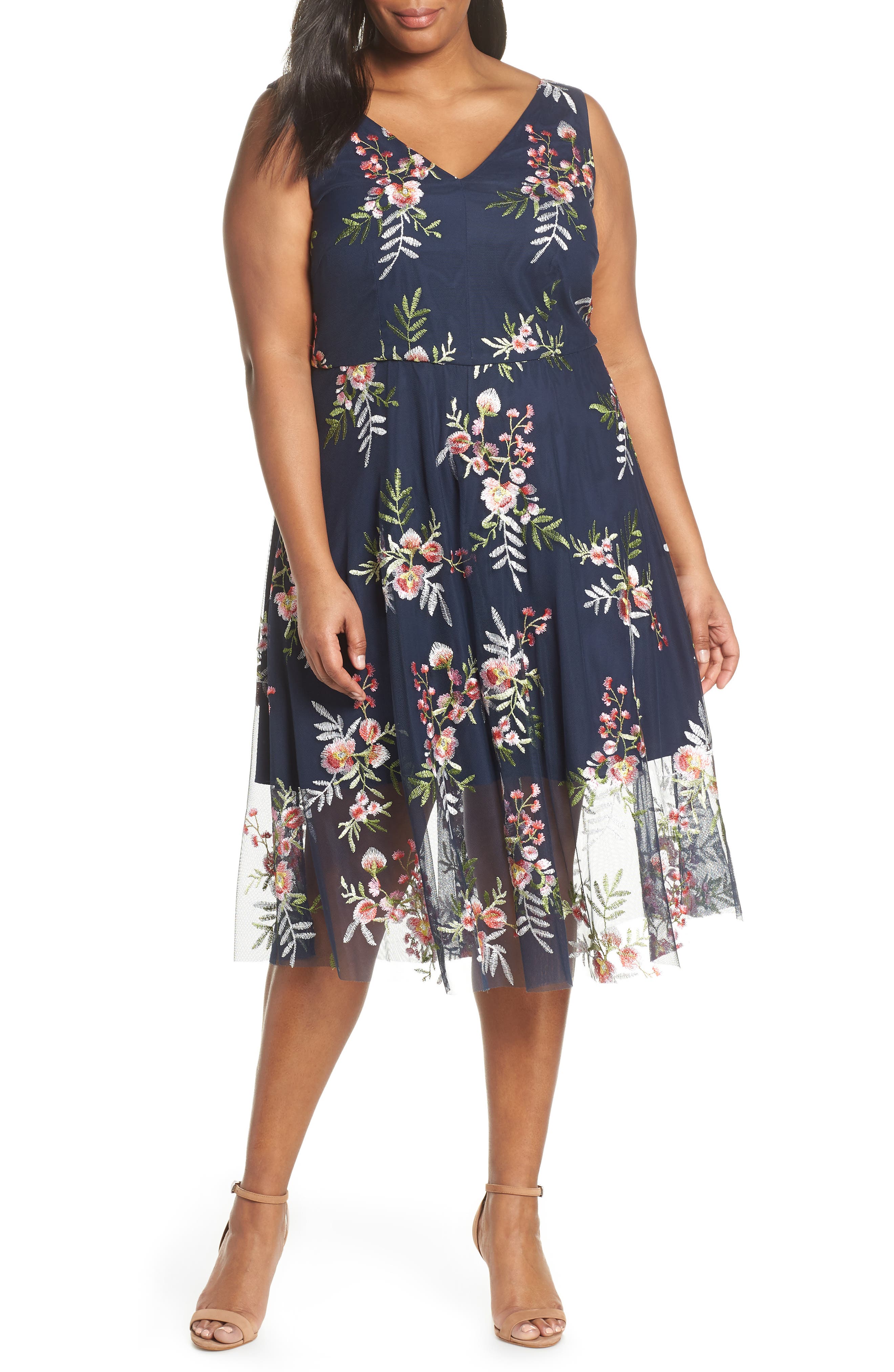 Plus Size Vince Camuto Floral Embroidered Mesh Midi Dress, Blue