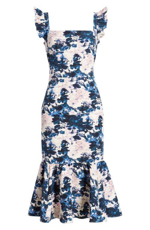 Shop Chelsea28 Ruffle Sleeve Midi Dress In Ivory- Navy Abstracted Garden