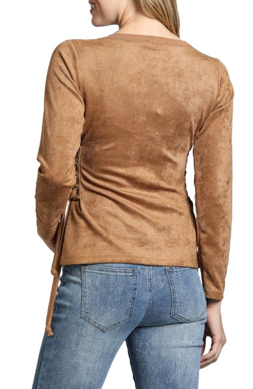 Shop Apny Faux Suede Lace Up Long Sleeve T-shirt In Cognac