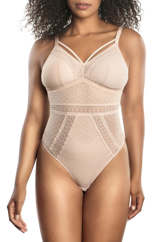 Parfait Mia Swiss Dot Wireless Strappy Teddy In Cameo Rose