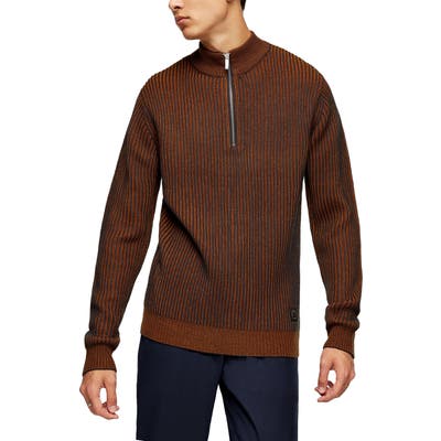 Topman Half Zip Plaited Mock Neck Sweater, Brown