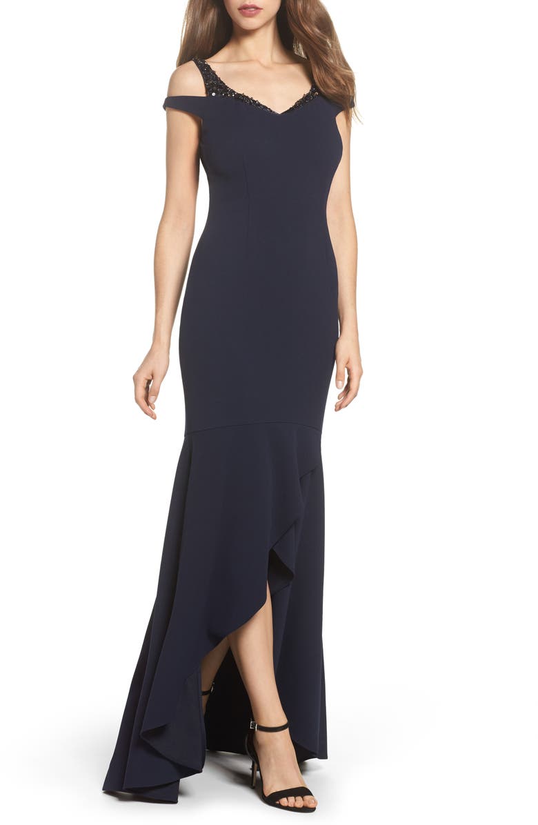 Adrianna Papell Cold Shoulder Crepe Trumpet Gown | Nordstrom