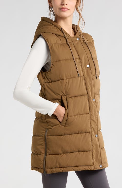 Shop Zella Long Hooded Puffer Vest In Brown Teak