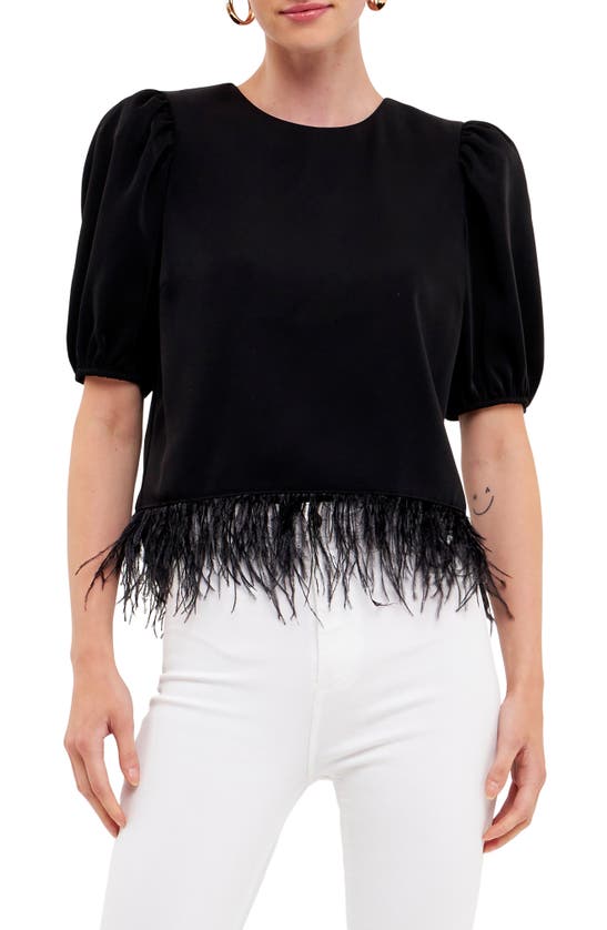 English Factory Feather Edge Puff Sleeve Top In Black