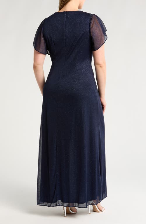 Sl Fashions Plus Size Flutter-sleeve Side-ruched Glitter Gown In Navy