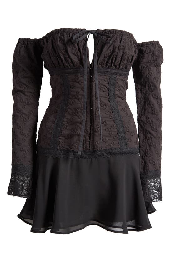 Shop Mistress Rocks Embroidered Lace Off The Shoulder Long Sleeve Minidress In Black
