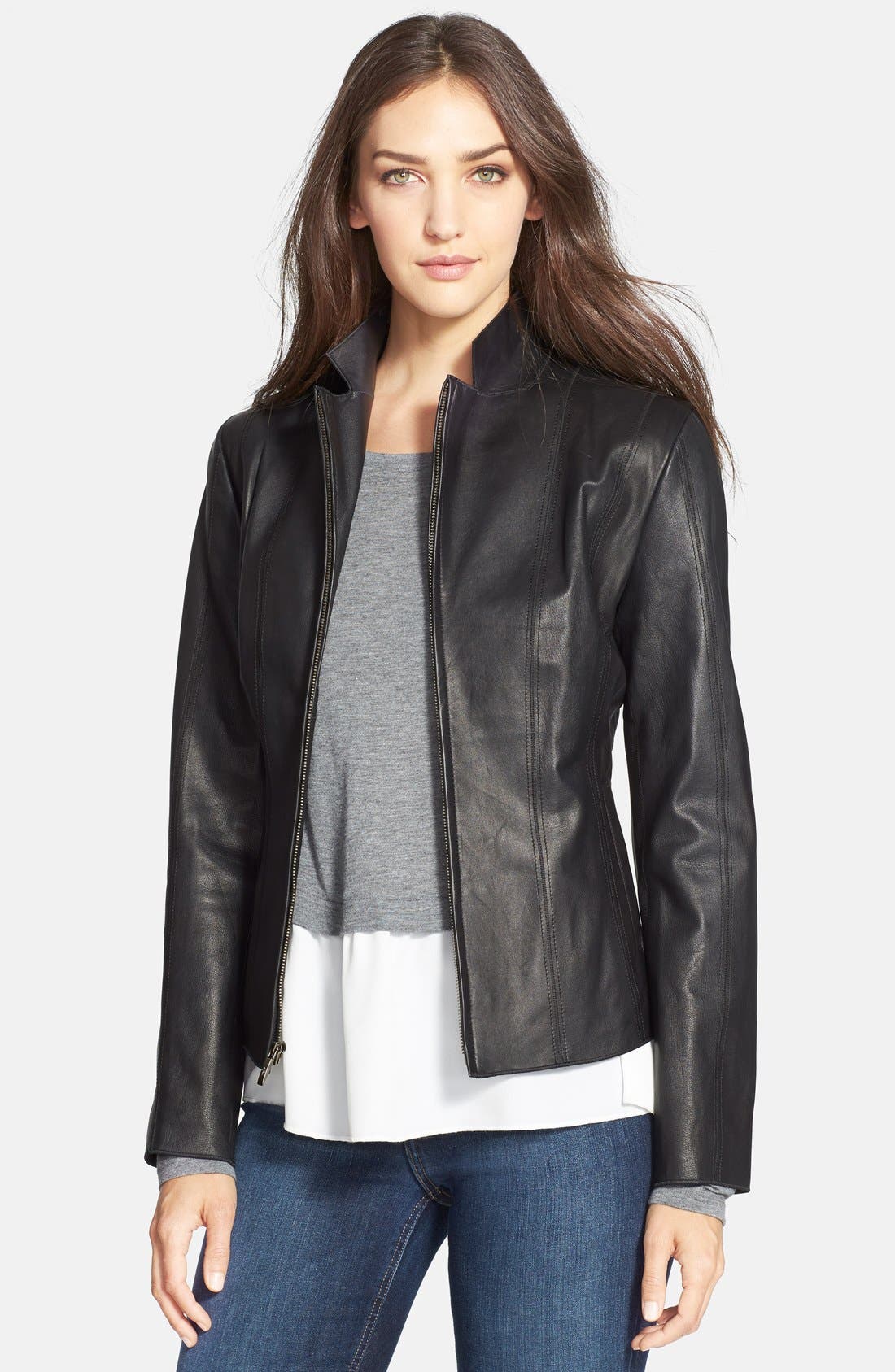 Cole Haan Notch Collar Lambskin Leather Jacket (Regular & Petite