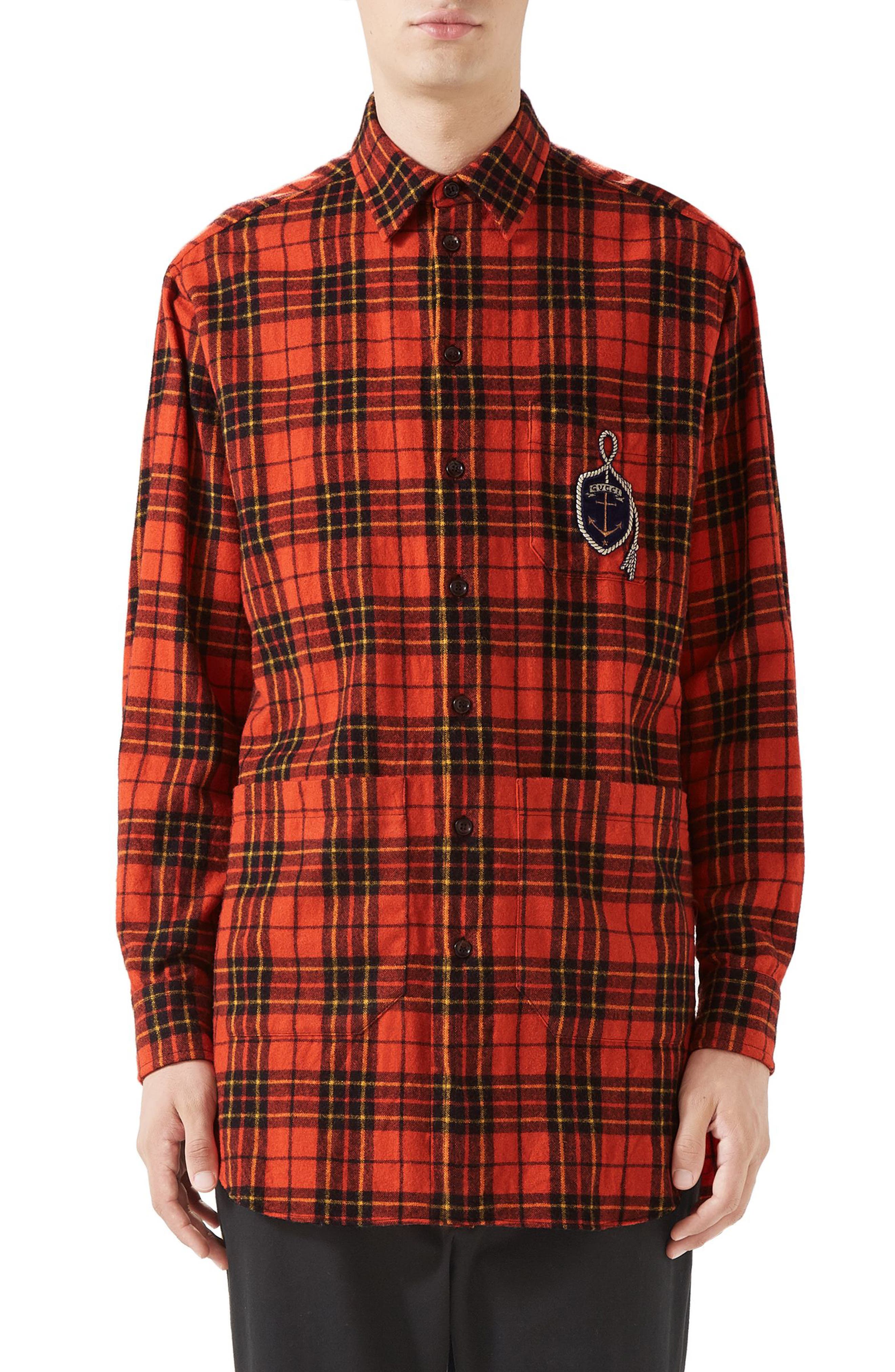 Gucci Plaid Flannel Long Sport Shirt, Orange