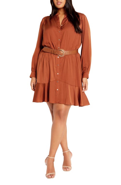 City Chic Oki Belted Long Sleeve Shirtdress in Copper 