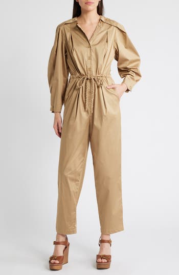 Farm Rio Long Sleeve Cotton Jumpsuit In Brown