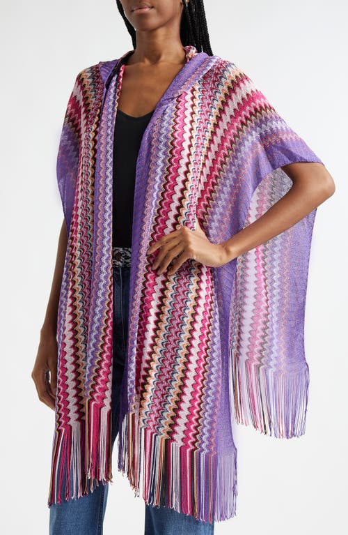 Shop Missoni Chevron Stripe Hooded Fringe Cardigan In Pink/purple Multi