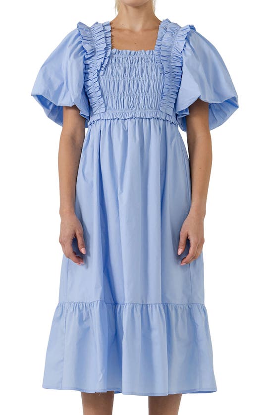 Shop English Factory Ruffle Smocked Cotton Dress In Powder Blue