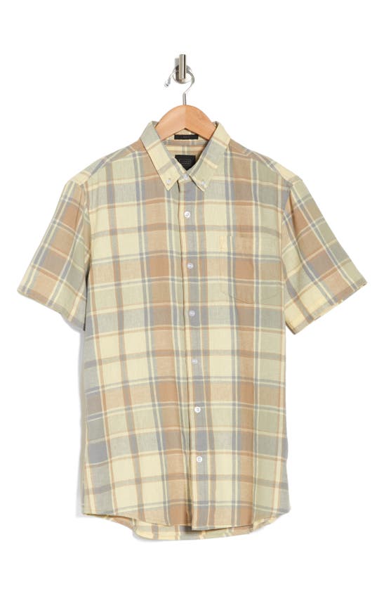 Shop 14th & Union Plaid Short Sleeve Linen & Cotton Blend Button-down Shirt In Yellow- Tan Helsinki Plaid