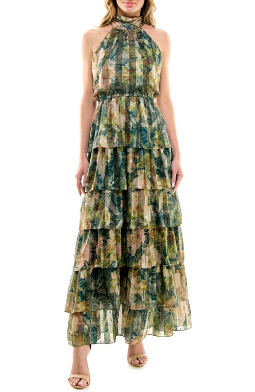 Floral Print Sleeveless Tiered Maxi Dress in Olive Mauve
