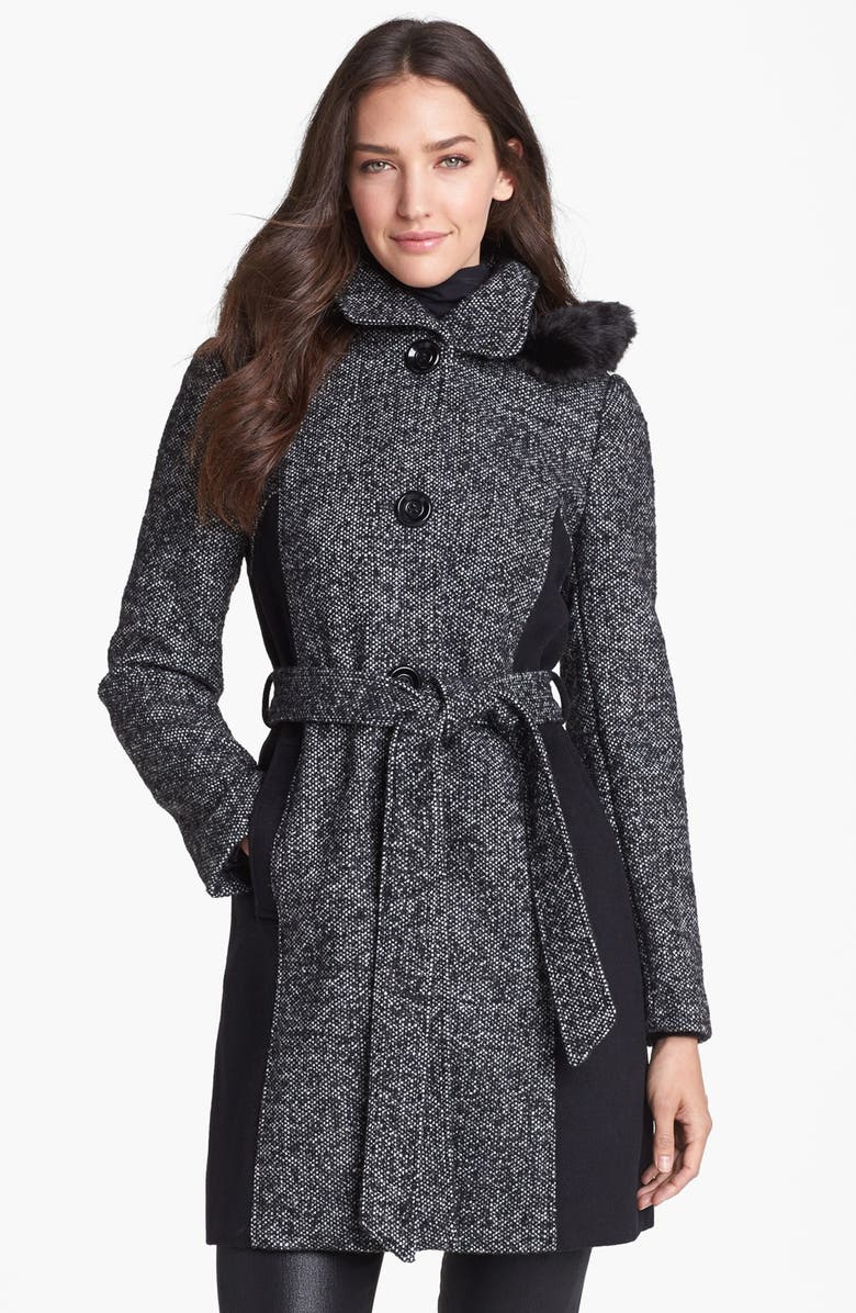 Ellen Tracy Faux Fur Trim Colorblock Tweed Coat (Online Only) | Nordstrom