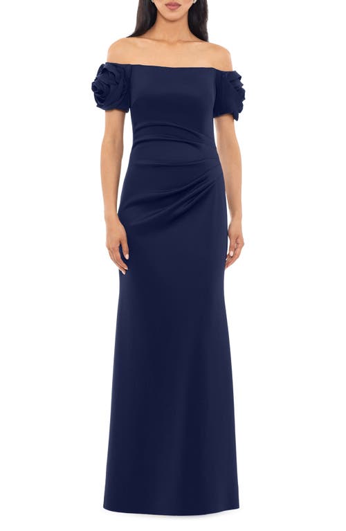 Xscape Evenings Rosette Off the Shoulder Scuba Gown at Nordstrom,