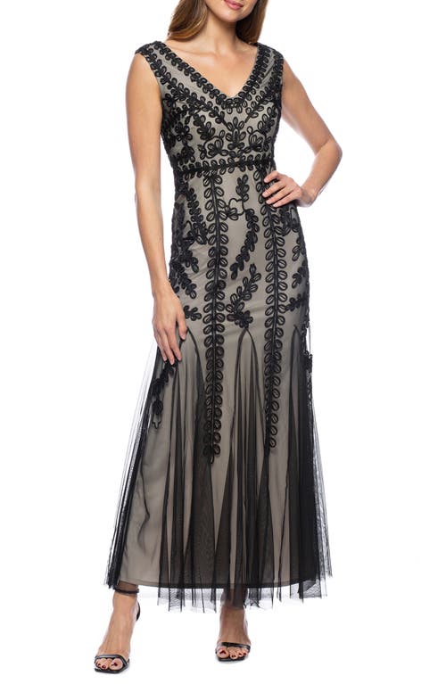 Marina Sleeveless Embroidered Mesh Gown In Black/nude