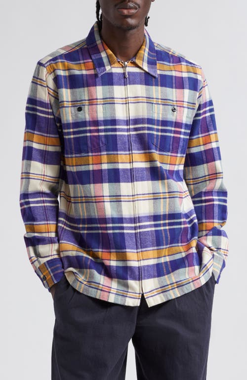 Noah Plaid Cotton Flannel Zip Front Shirt In Natural/blue Multi