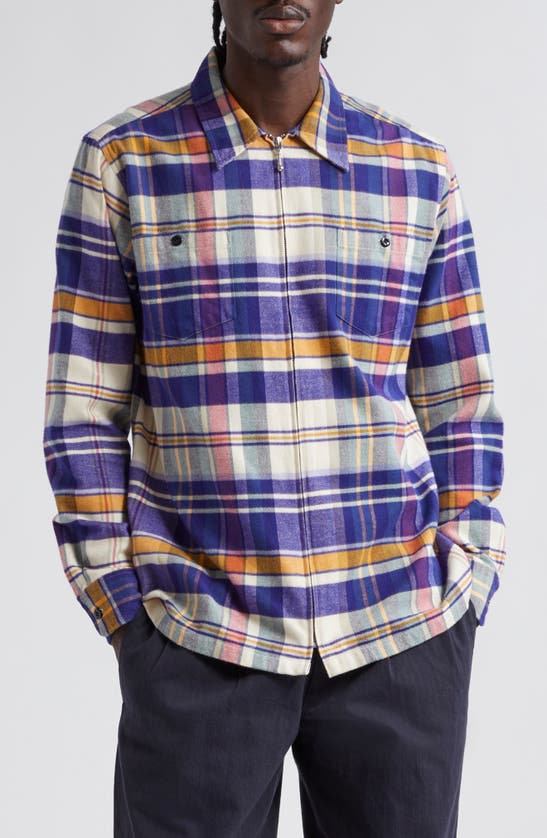 Shop Noah Plaid Cotton Flannel Zip Front Shirt In Natural/ Blue Multi