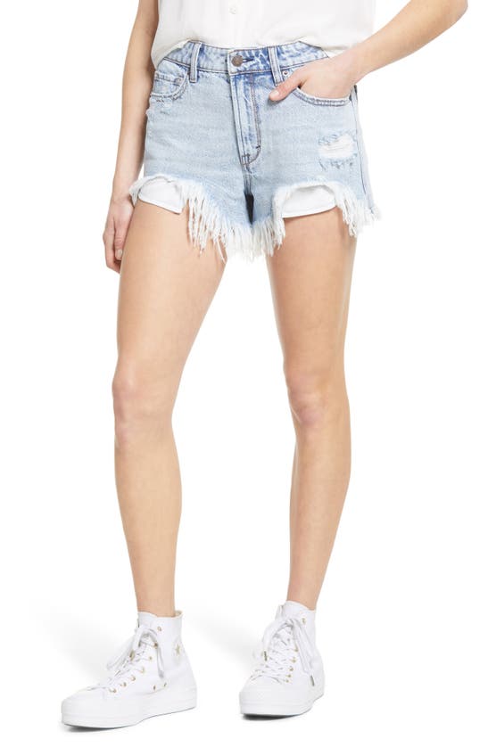 Hidden Jeans Heavy Frayed High Waist Nonstretch Cutoff Mom Shorts In Light Blue