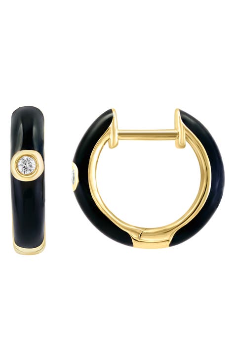 14K Yellow Gold Black Enamel White Sapphire Huggie Earrings